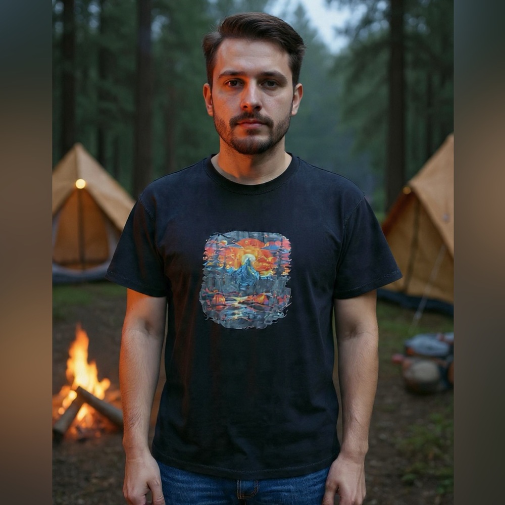Men's Black Graphic Crewneck T-Shirt - Sunset Nature Print